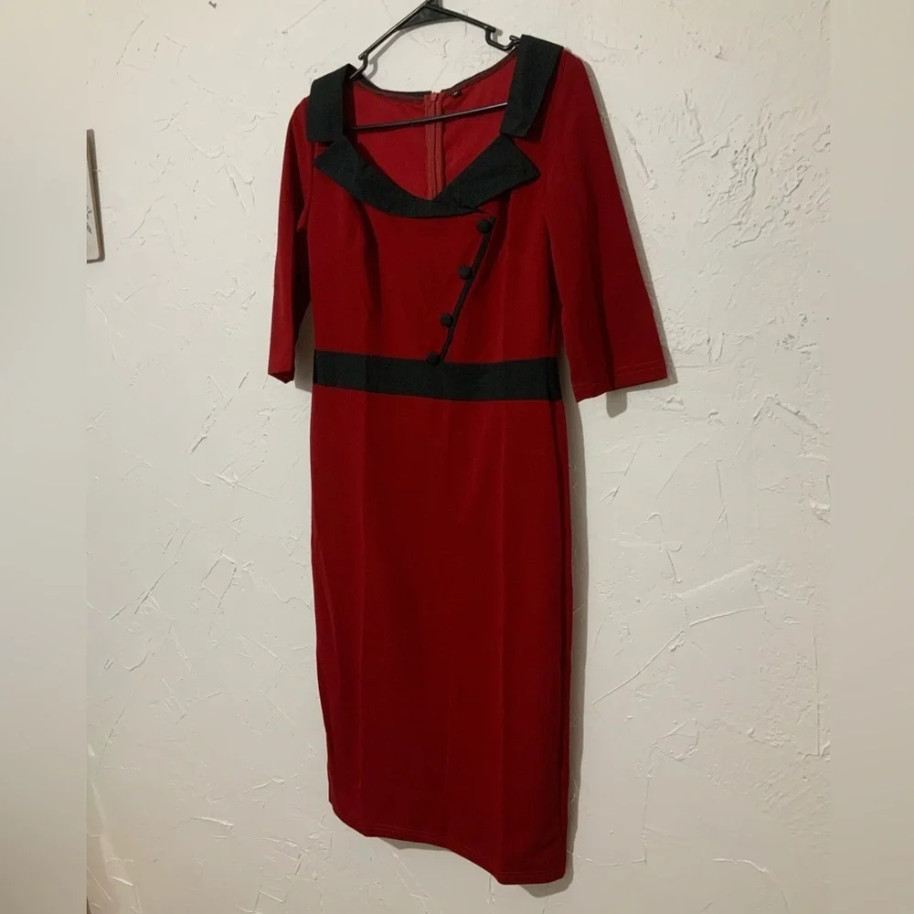 Red Bodycon Pencil Dress | Black Trim | Knee Length | Retro Chic Sz Medium